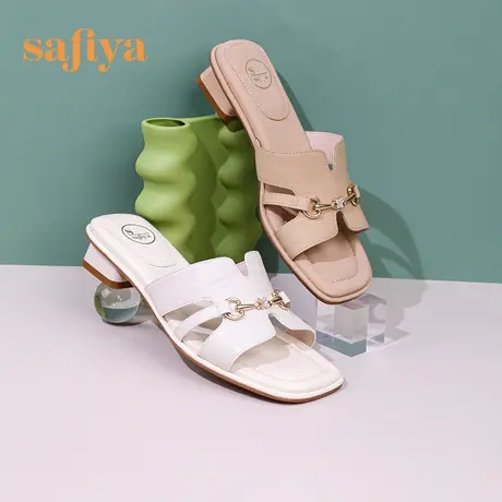 Safiya/索菲娅2023年夏季新品高级金属环扣真皮方头粗跟一字拖鞋商品大图