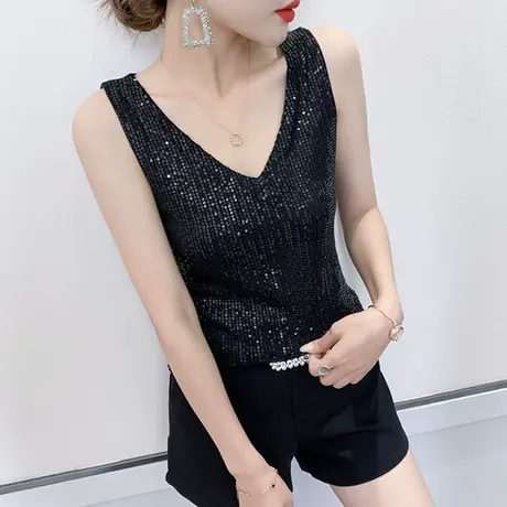夜店蹦迪小吊带背心女2024夏装新款闪亮性感V领打底小衫外穿上衣商品大图