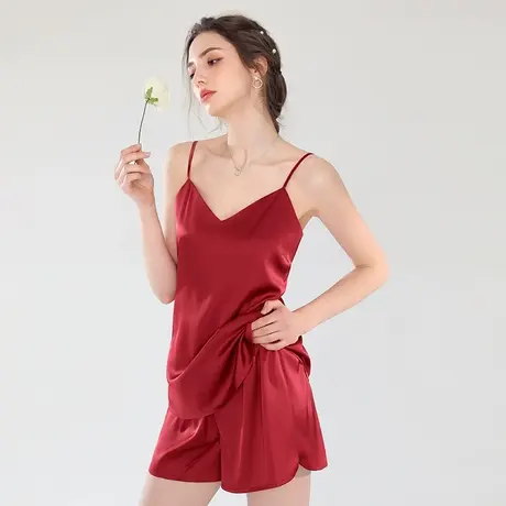 夏季性感冰丝吊带短裤女薄款仿真丝睡衣两件套大码春秋家居服套装图片