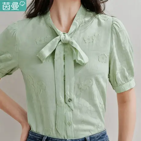 茵曼官方旗舰店法式蝴蝶结衬衣女2024年夏季新款通勤短袖衬衫上衣商品大图