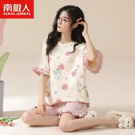 南极人睡衣女夏季纯棉短袖短裤套装2023年新款玫瑰小兔圆领家居服图片