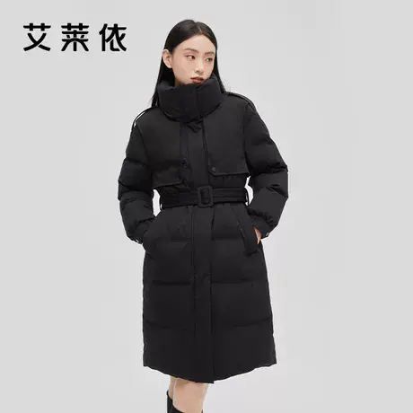 艾莱依中长款风衣羽绒服女2022冬装新款时尚简约鸭绒设计黑色外套商品大图