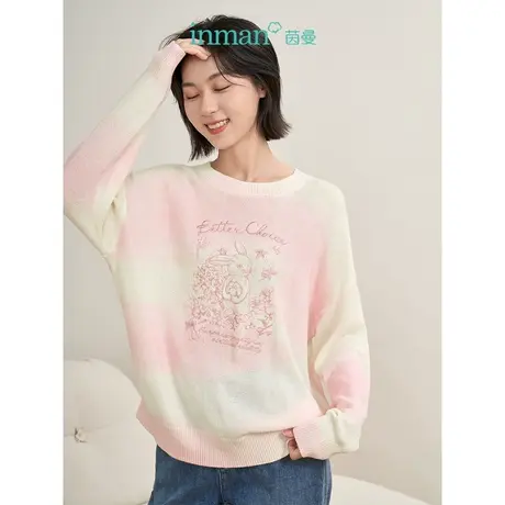 【商场同款】茵曼2023春女装新款趣味绣花兔子粉色舒适宽松毛衣图片