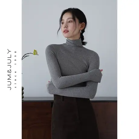 嘉茱莉2023秋季新款堆堆领长袖T恤女短款修身打底衫薄款高领上衣商品大图