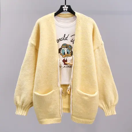 复古慵懒风牛角扣毛衣外套女秋冬2023新款韩系宽松中长款针织开衫图片