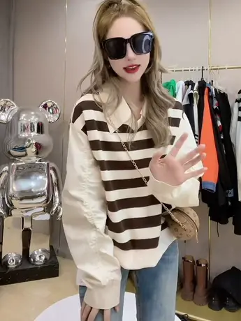2023早春新款条纹假两件卫衣女设计感小众时尚休闲拼接条纹衬衫潮商品大图