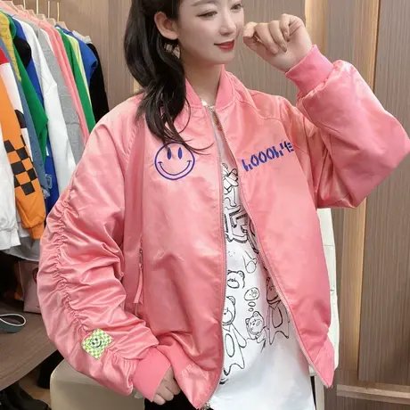 欧洲站2023春季新款宽松显瘦笑脸字母刺绣休闲夹克棒球服开衫外套图片