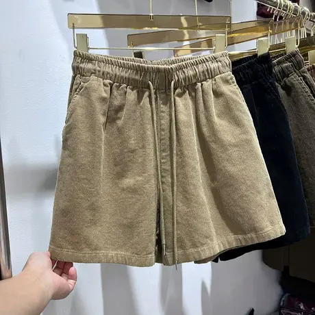 灯芯绒短裤女2023秋新款高腰显瘦百搭直筒裤小个子卡其色打底裤子图片