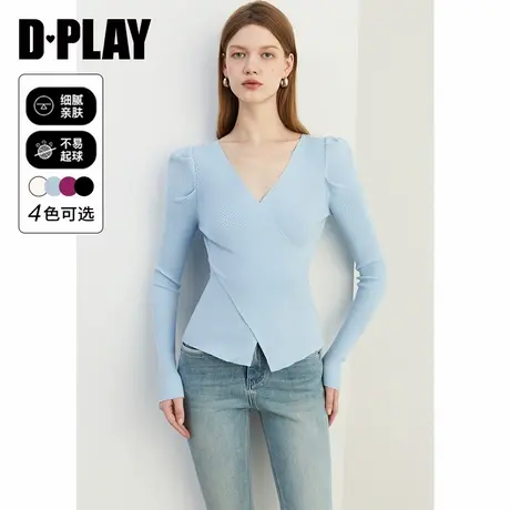 DPLAY年秋季气质通勤蓝色V领交叉叠门襟长袖打底针织毛衣商品大图