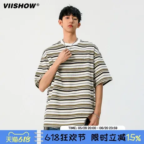 VIISHOW复古撞色条纹短袖T恤男夏季情侣休闲宽松美式复古半袖男商品大图