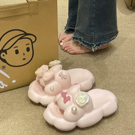 雨花石凉拖鞋女款夏季外穿可爱蝴蝶结花朵室内居家防滑厚底一字拖商品大图