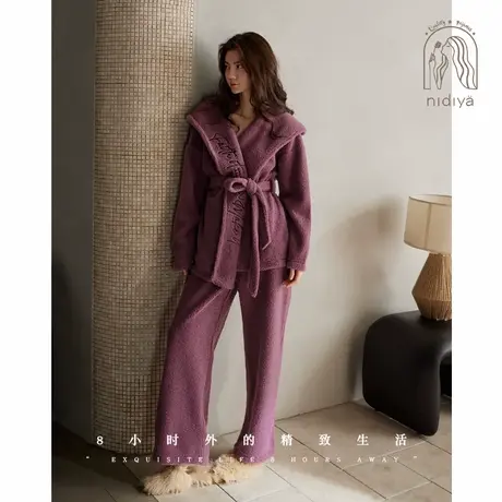 妮狄娅睡衣女冬季加厚保暖半边绒开衫短袍简约休闲时尚家居服套装商品大图