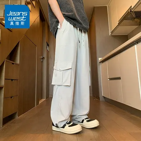 KZH真维斯高端休闲裤男夏季薄款宽松直筒裤潮流阔腿冰丝工装长裤商品大图