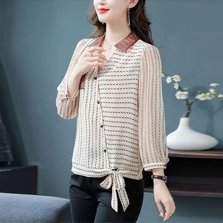 春秋2023新款长袖雪纺衬衫女秋装大码漂亮减龄气质女上衣遮肚小衫商品大图