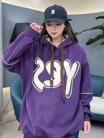 潮流时尚字母印花加绒加厚卫衣欧货2023冬季新款休闲宽松百搭上衣商品大图