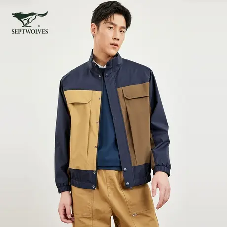 七匹狼正品男装立领拼接夹克外套男士春季新款休闲时尚工装抗静电商品大图