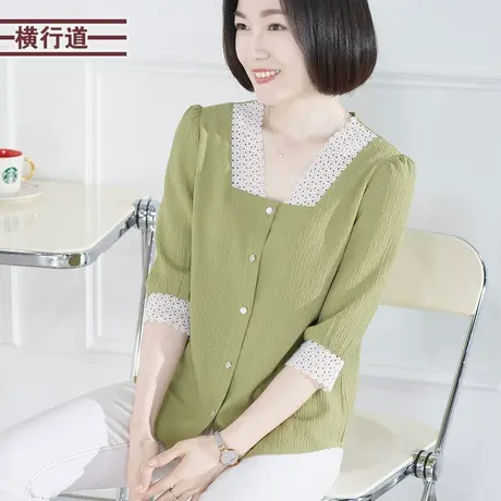 五分袖简约上衣女大码 2023秋季V领拼接蕾丝宽松中年妈妈中袖开衫图片