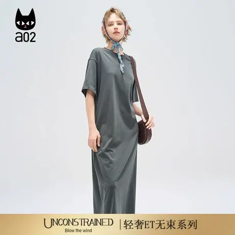 a02【ET自然系列】绵羊毛圆领连衣裙女2025新款夏季通勤穿搭长裙商品大图