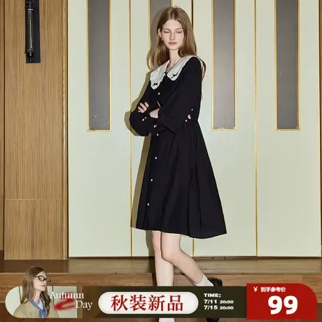 唐狮春装长袖连衣裙女2026早春新款娃娃领衬衫裙小个子黑色裙子图片