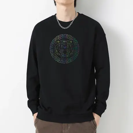 380g重磅纯棉卫衣男秋冬款摇粒绒虎头无帽上衣服黑色圆领长袖t恤商品大图