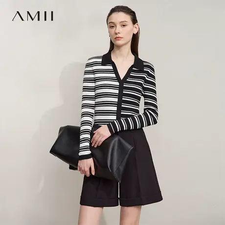 Amii2025秋新款通勤风合体弹力翻领V领撞色条纹弹力含羊毛毛衣女图片
