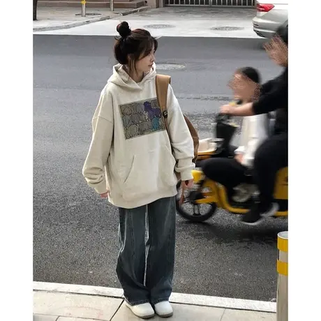 个性趣味印花连帽卫衣女初秋百搭韩版宽松显瘦薄款上衣外套潮牌商品大图