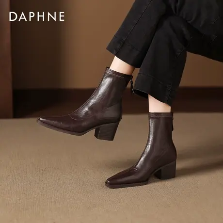 达芙妮尖头短靴女2025新款秋季高跟黑色粗跟复古法式瘦瘦靴高跟靴商品大图