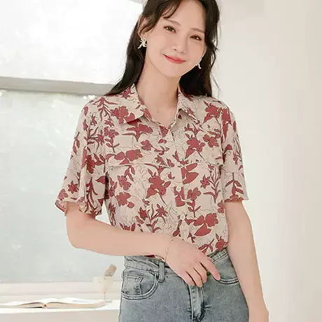 桔熊夏季文艺范撞色印花荷叶短袖衬衫修身飘逸上衣女大码AB17062商品大图