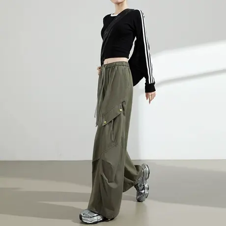 工装牛仔裤女秋季高腰宽松军绿色弯刀裤显瘦美式束脚两穿阔腿裤子商品大图