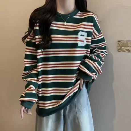 设计感小众撞色条纹圆领卫衣女秋冬季加绒宽松韩版原宿风上衣外套图片