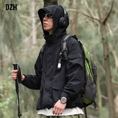 男士黑色连帽冲锋衣外套男秋装上衣2023新款美式风衣休闲夹克男款商品大图