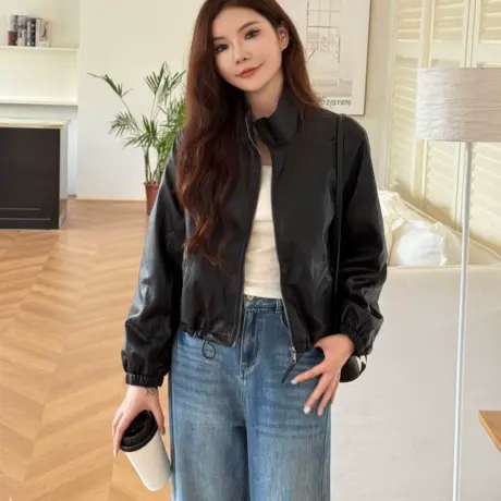 拉夏贝尔皮衣女士2025秋季新款小立领修身显瘦pu机车服皮夹克外套商品大图