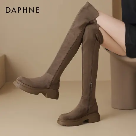 达芙妮棕色过膝长靴女2026新款秋冬季加绒高筒美拉德厚底长筒靴子图片