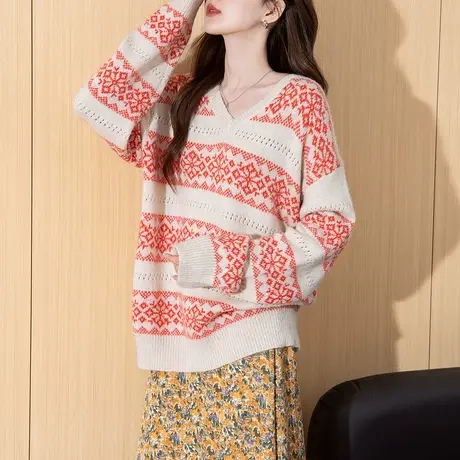 唐狮秋冬季毛衣女复古风提花图案V领套头慵懒风时尚百搭高级感TU图片