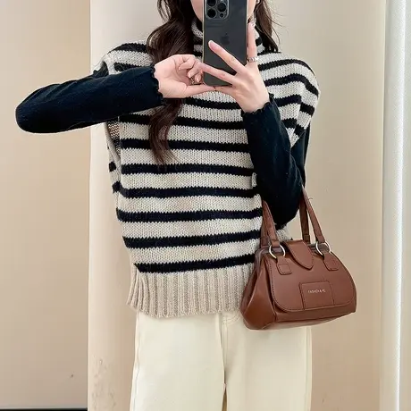 唐狮秋冬季女毛衣慵懒风经典条纹套头马甲背心韩系简约TM商品大图