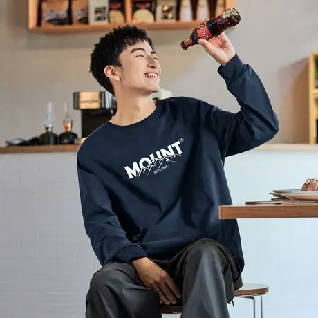 唐狮春秋季新款长袖T恤男字母印花圆领上衣宽松内搭打底衫潮酷tTE图片