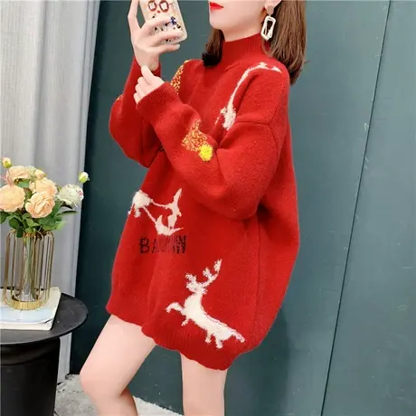 女装2021秋冬新款圣诞新年红色毛衣复古日系慵懒风内搭打底针织衫商品大图