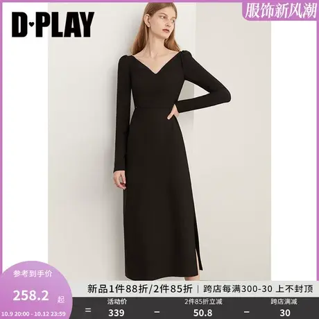 DPLAY2023新法式优雅赫本风经典黑V领闪钻连衣裙小黑裙轻礼服图片