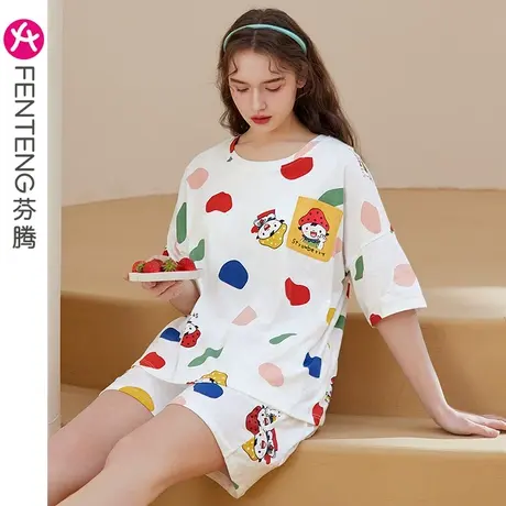 芬腾睡衣女纯棉短袖带胸垫夏薄款套装卡通可爱宽松大码全棉家居服商品大图