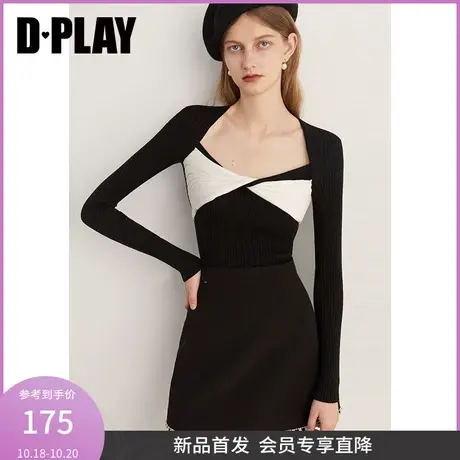DPLAY2023冬法式复古黑拼白撞色蝴蝶结纽结修身长袖针织套头毛衣商品大图