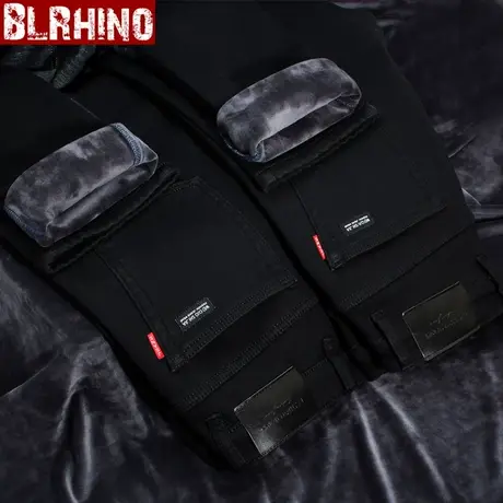 冬季男士加绒加厚保暖黑色牛仔裤长裤海岛绒厚实防寒弹力修身直筒商品大图