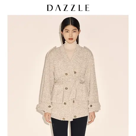 【七七酱专享】DAZZLE地素奥莱 春季系带粗花呢工装风大衣外套女图片