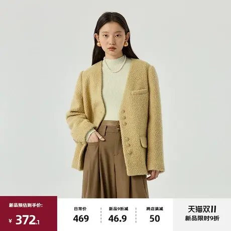 omont蛋挞家 复古圈圈呢西装外套2023秋冬新款V领宽松毛呢大衣女商品大图