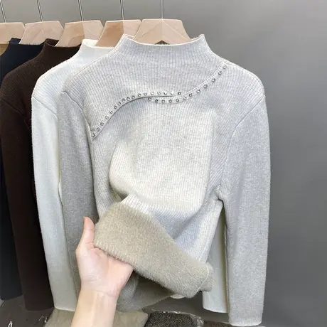 加绒半高领毛衣女一体绒加厚打底衫2023秋冬新款针织衫钉珠上衣潮图片