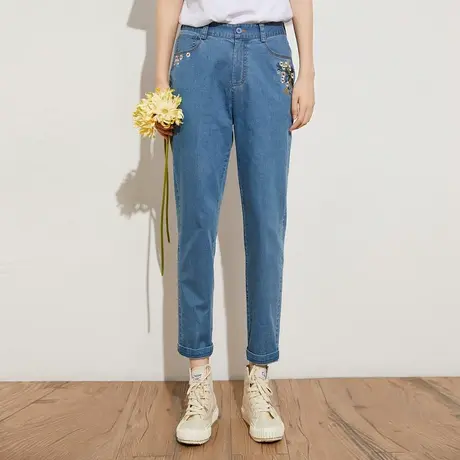 蒲PUKKA牛仔裤女直筒宽松春夏新款原创设计感刺绣高腰显瘦裤子图片