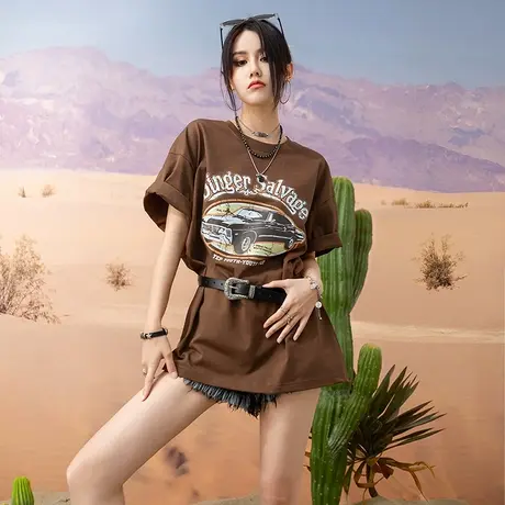 YEP美式复古短袖咖色t恤女oversize夏季宽松潮牌设计感辣妹上衣商品大图