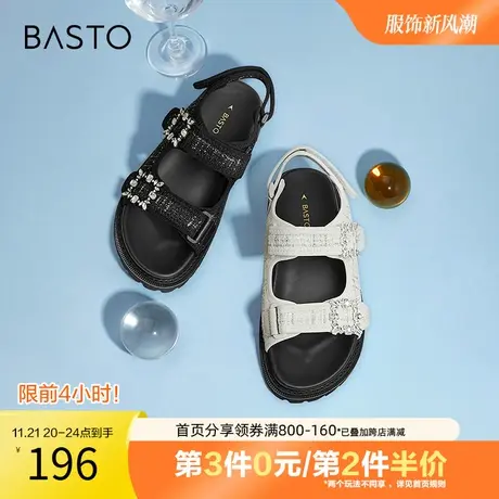 百思图奥莱夏季商场同款水钻方扣小香风魔术贴凉鞋女SB212BL2图片