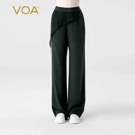 VOA36姆米弹力重绉桑蚕丝孔绿自然腰不对称拼接乔其真丝直筒裤图片