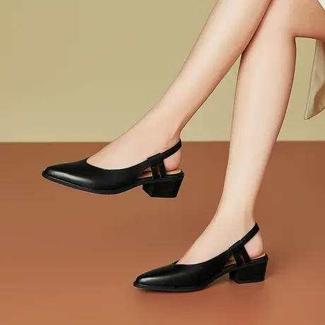 浓情漫宇夏季新款真皮百搭包头凉鞋头层牛皮尖头复古风中粗跟女鞋商品大图