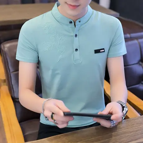 夏季纯棉刺绣立领POLO衫男韩版修身潮流个性休闲短袖T恤青年汗衫商品大图